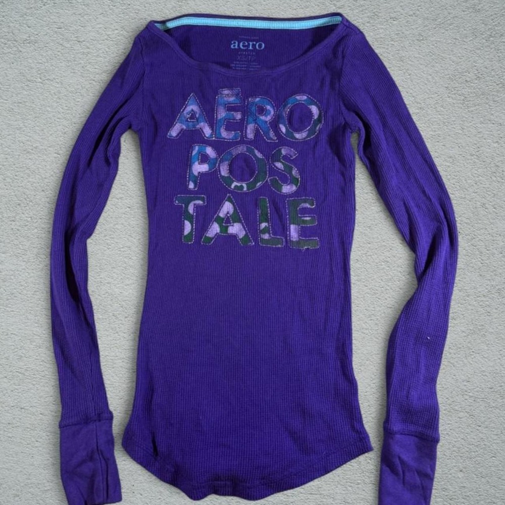 Aeropostale Purple Long Sleeve Thermal Graphic Shirt XS Y2K Waffle Knit Top